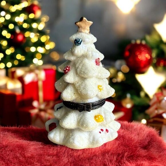 Vintage White Christmas Tree Trinket Box With Ornaments  Gold Star Glitter Keeps - Picture 1 of 10